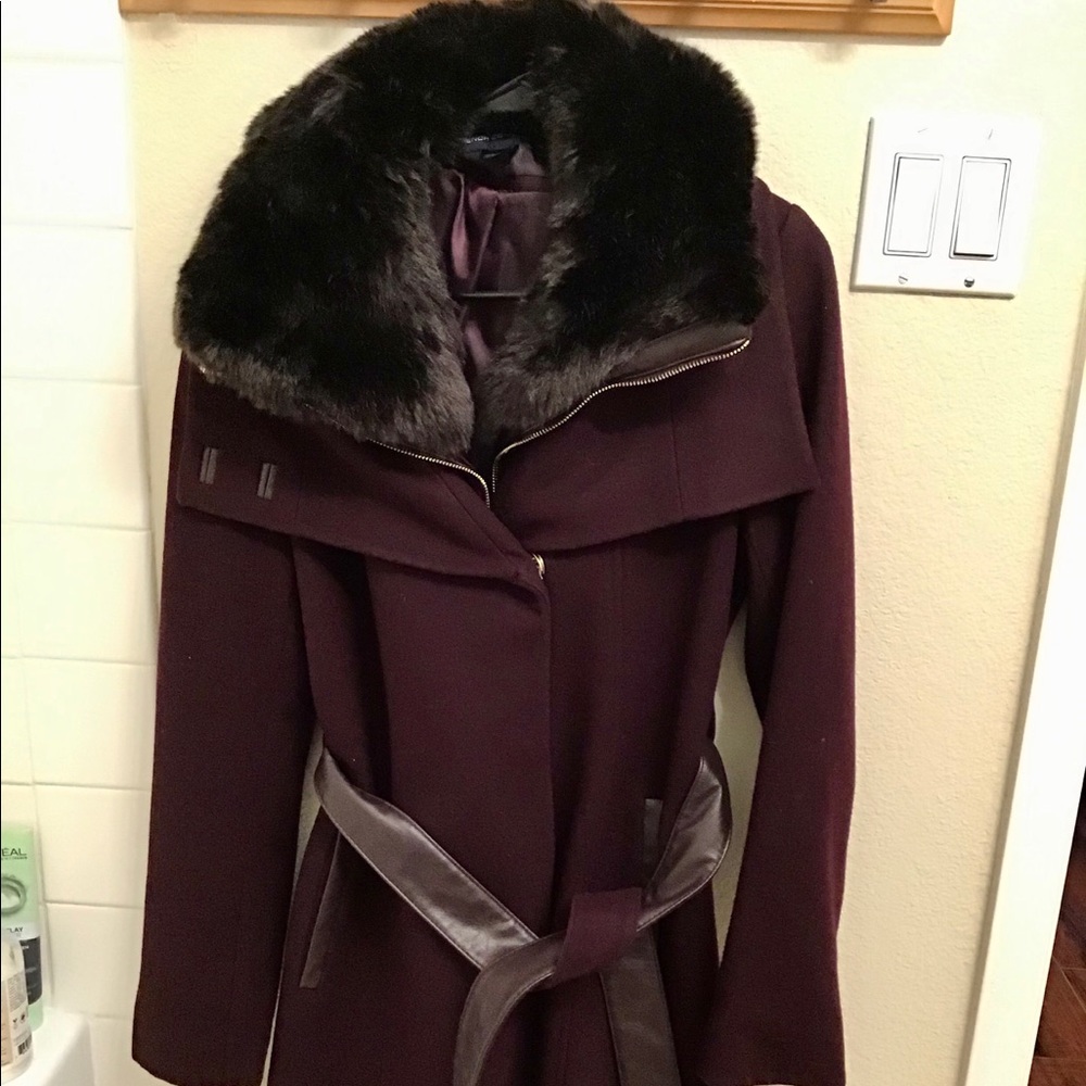 French Connection Faux Fur Collar Belted Wool Coat